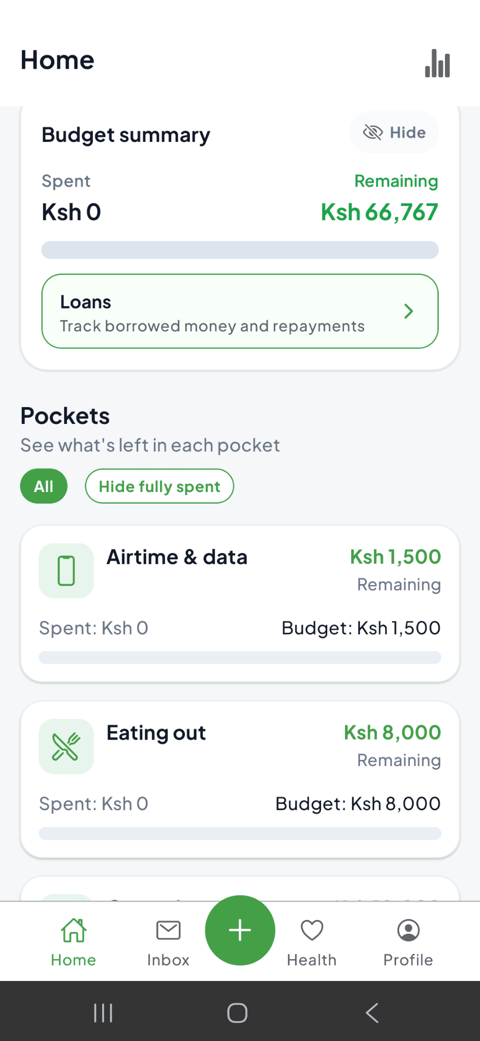 Hela 360 home screen showing a budget summary and pocket cards for Airtime and data and Eating out