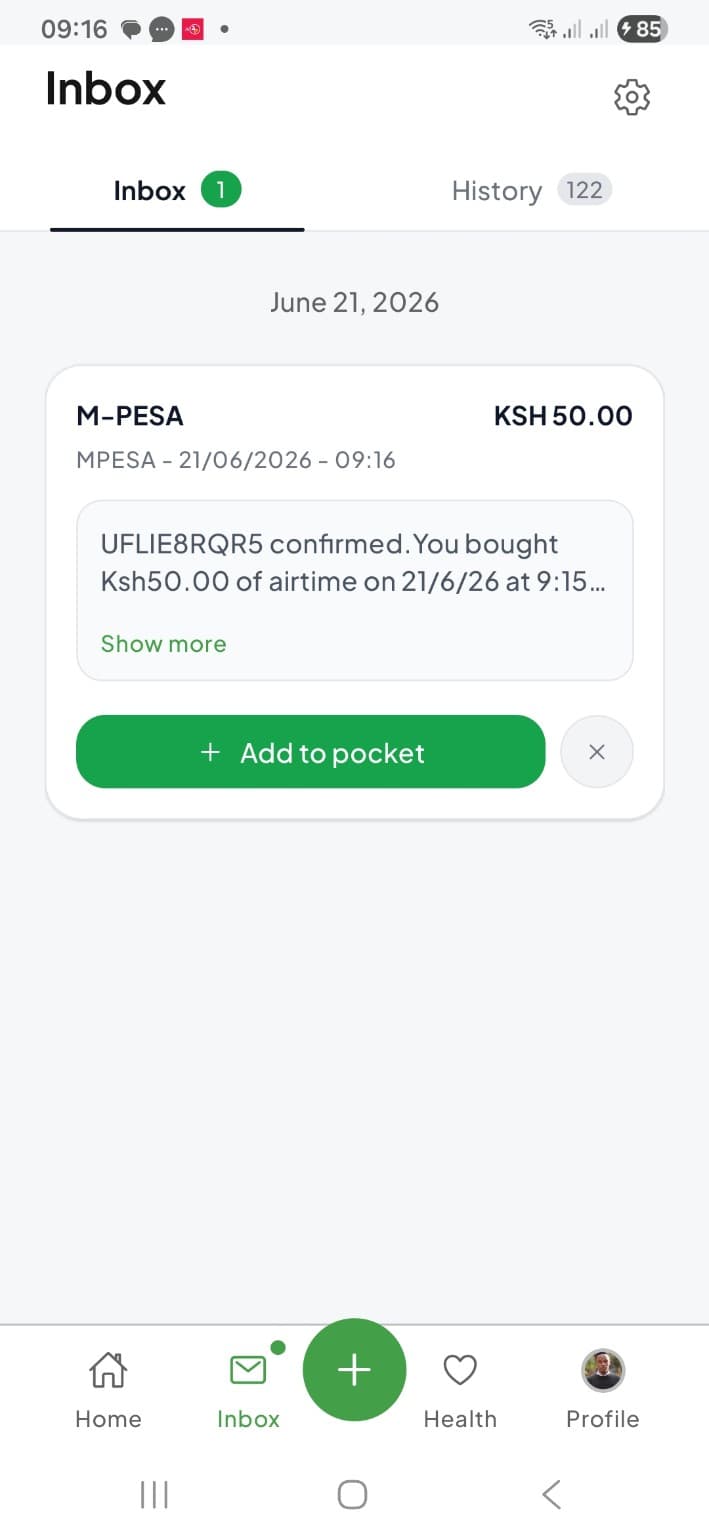 Hela 360 Inbox screen showing an M-PESA airtime transaction with an Add to pocket button